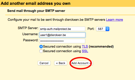 Vul de instellingen in van jouw SMTP-server. Klik op “Add account”.